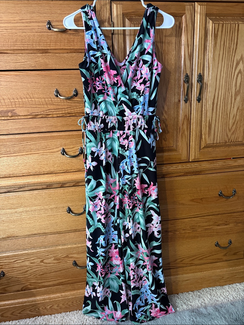 Tommy Bahama Black Floral V-Neck Sleeveless Jumpsuit with Pink & Mint Print